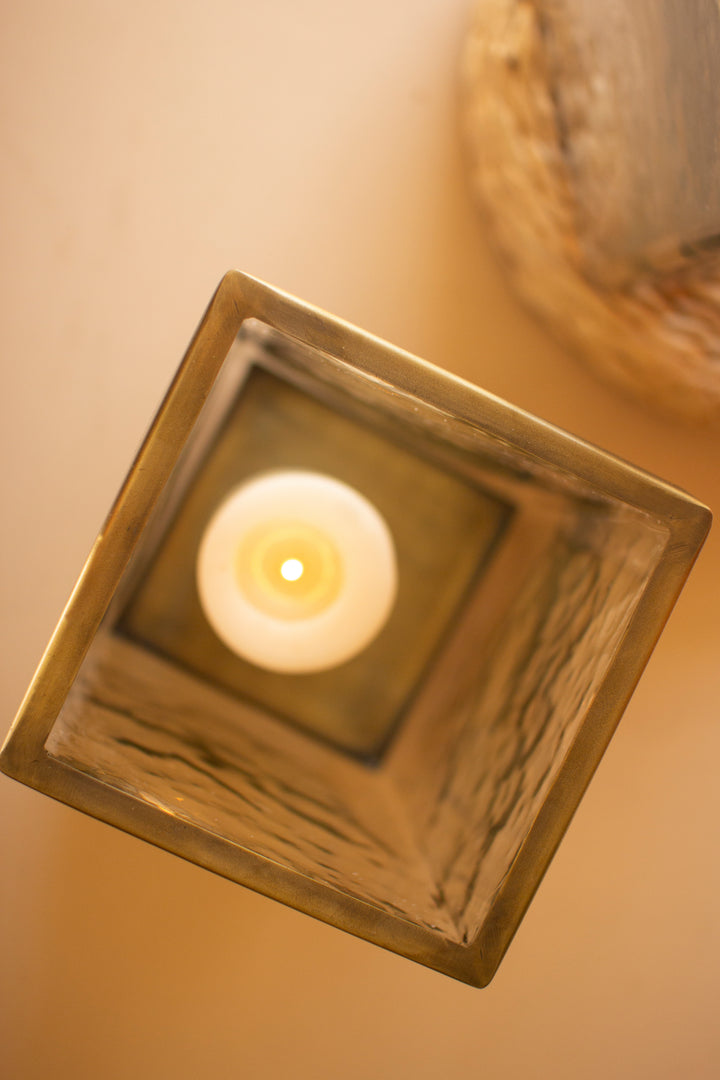 Set of 2 Square Glass Hurricanes with Antique Brass Bases