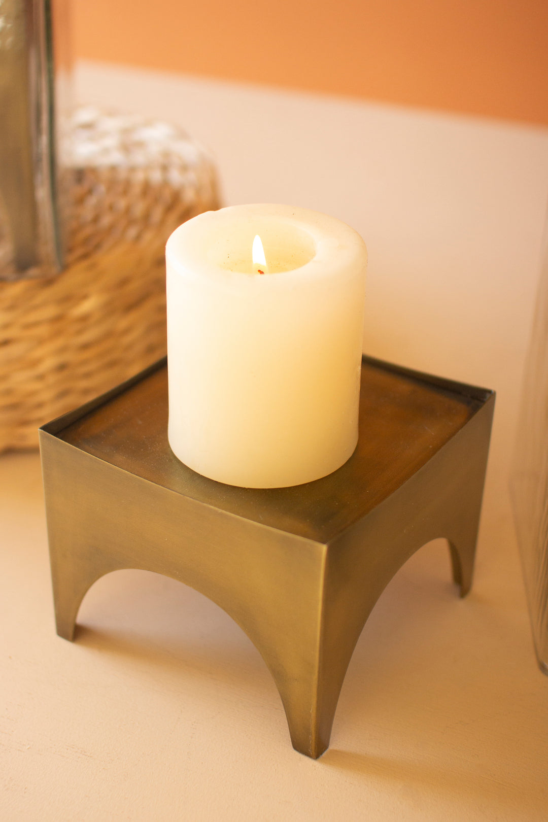 Set of 2 Square Glass Hurricanes with Antique Brass Bases