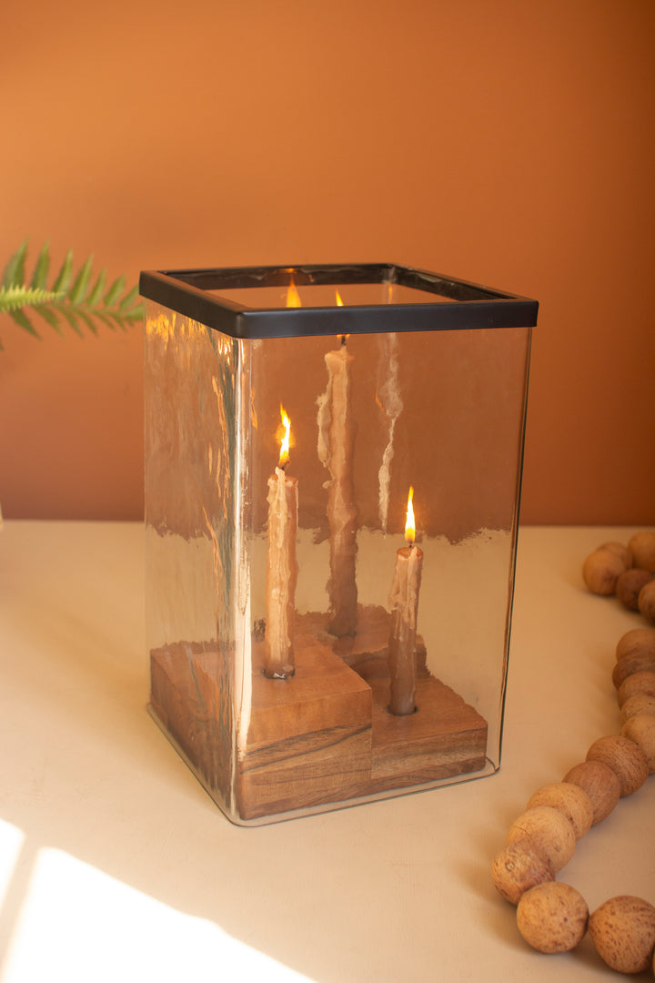 Large Glass Hurricane with a Four Taper Holder Wood Base