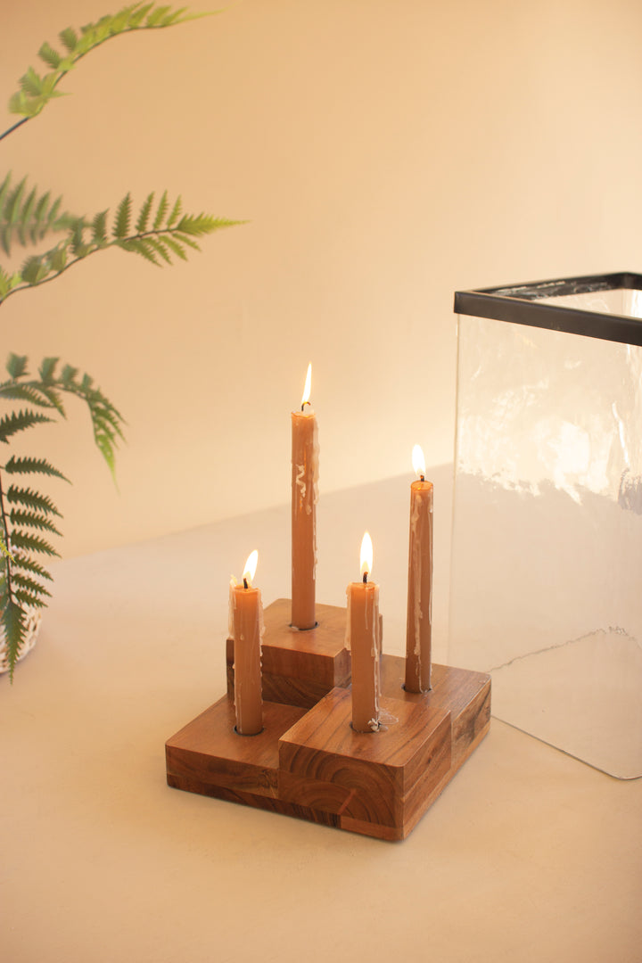 Large Glass Hurricane with a Four Taper Holder Wood Base