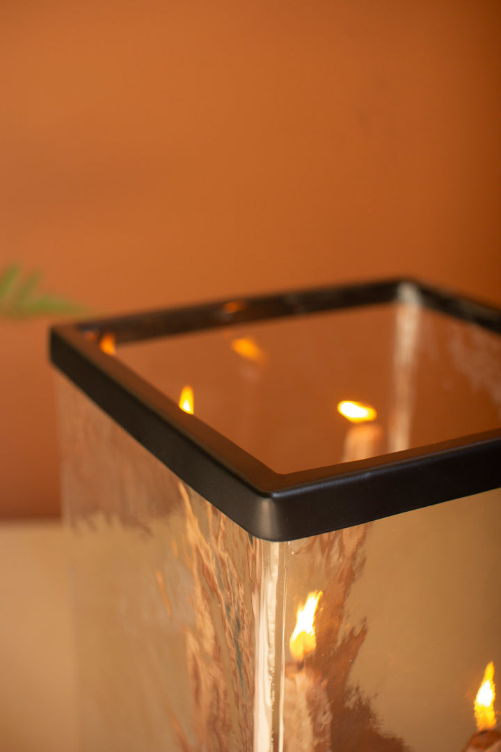 Large Glass Hurricane with a Four Taper Holder Wood Base