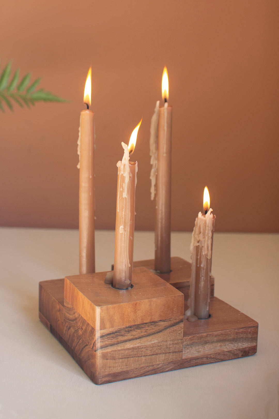 Large Glass Hurricane with a Four Taper Holder Wood Base