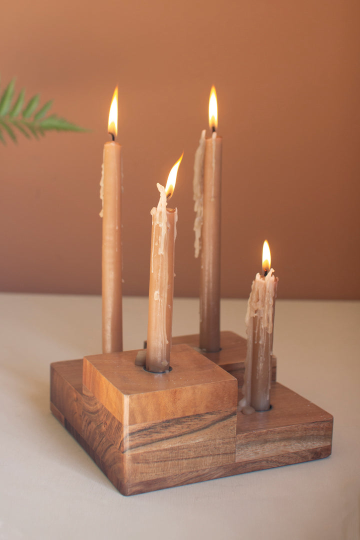 Large Glass Hurricane with a Four Taper Holder Wood Base