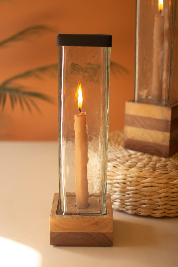 Set of 2 Square Glass and Wood Taper Candle Holders
