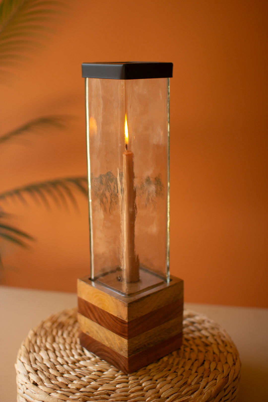 Set of 2 Square Glass and Wood Taper Candle Holders