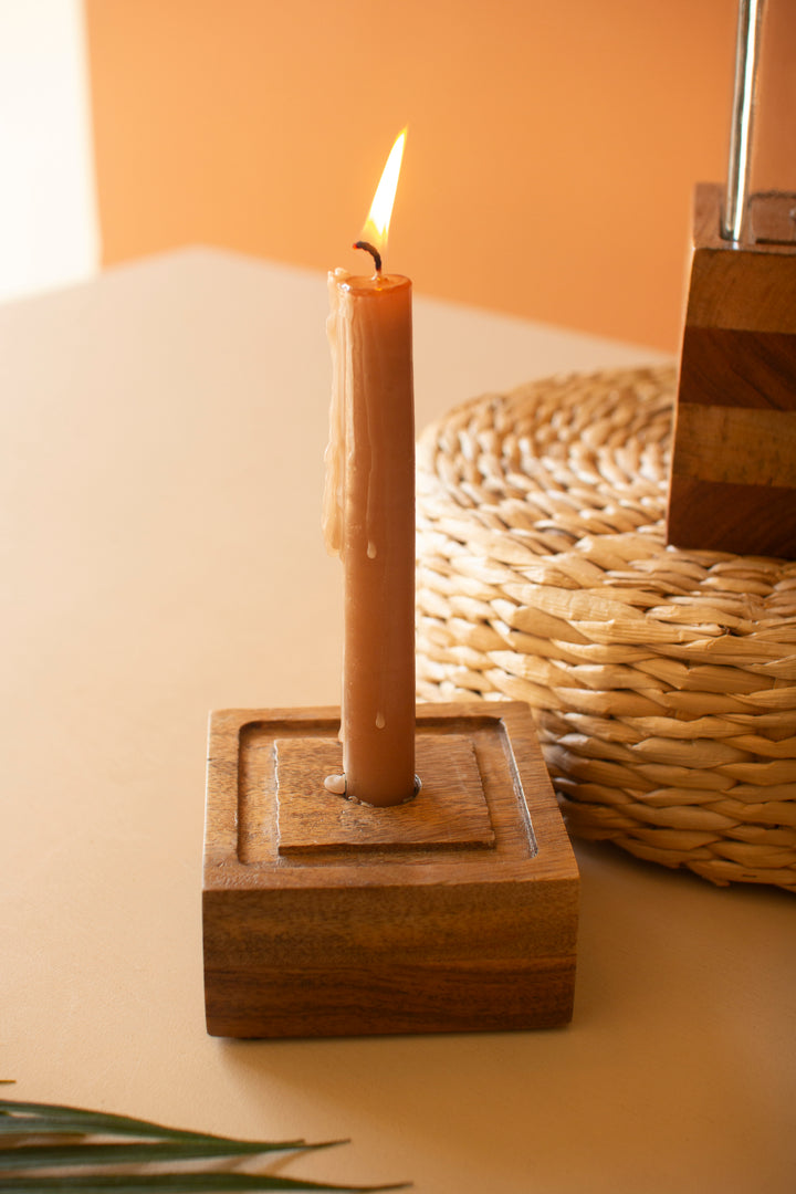 Set of 2 Square Glass and Wood Taper Candle Holders