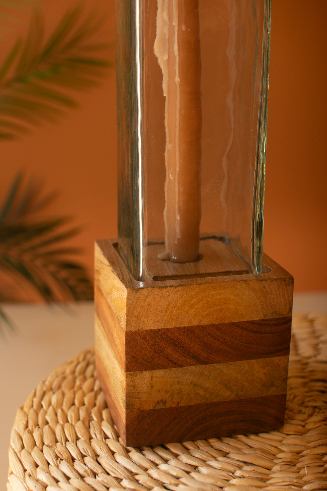 Set of 2 Square Glass and Wood Taper Candle Holders