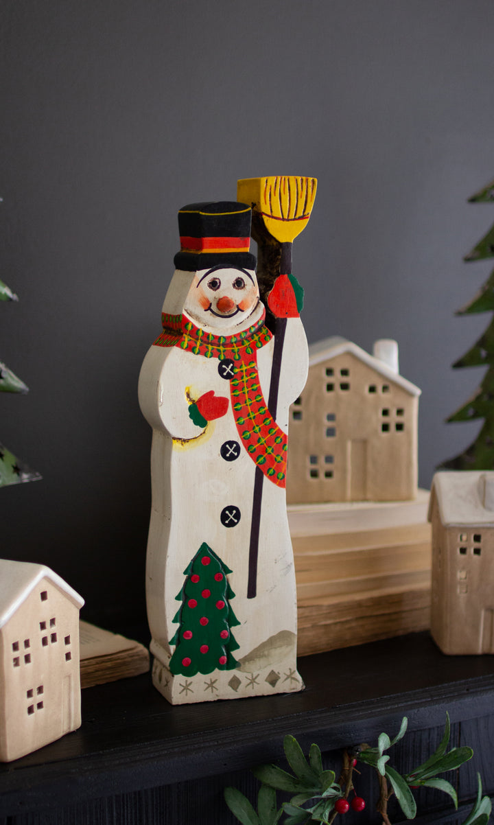 Painted Wooden Snowman Sculpture