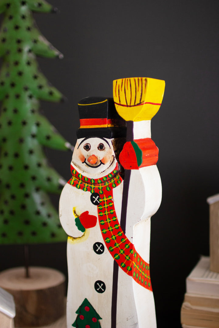 Painted Wooden Snowman Sculpture