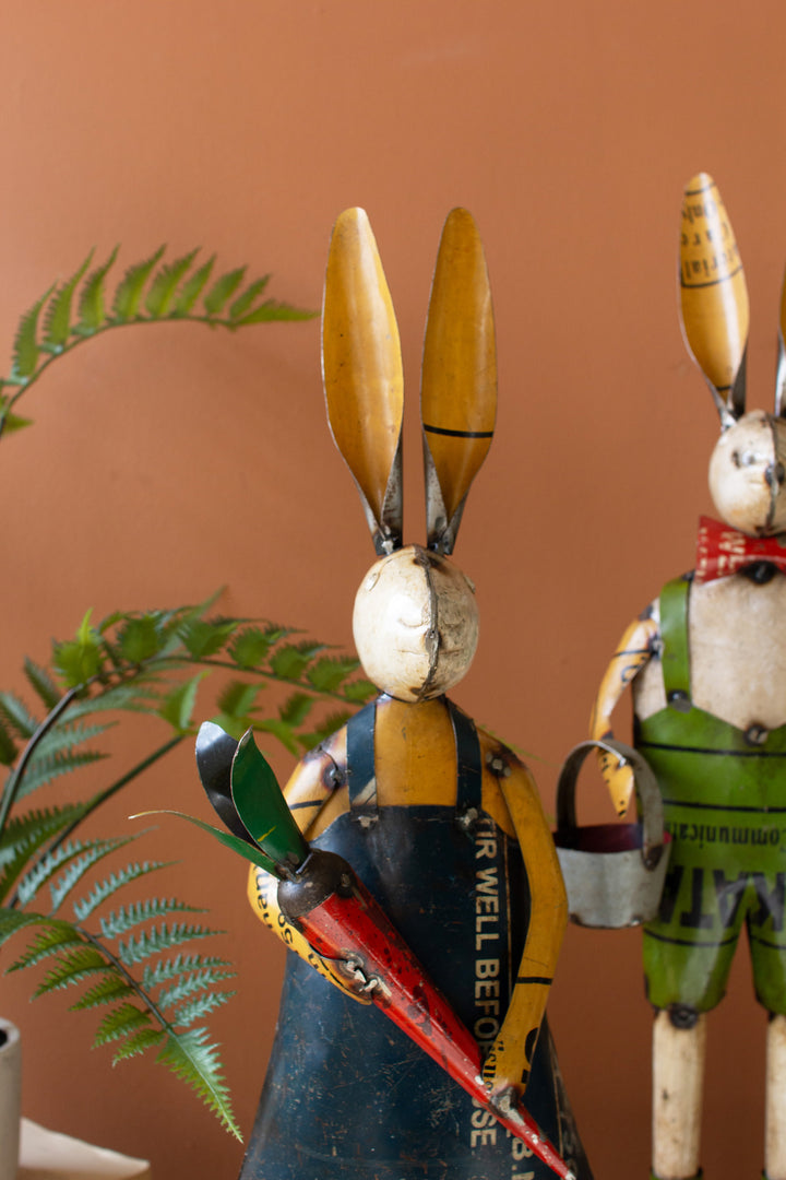 Set of 2 Recycled Metal Rabbits with Bucket and Carrot