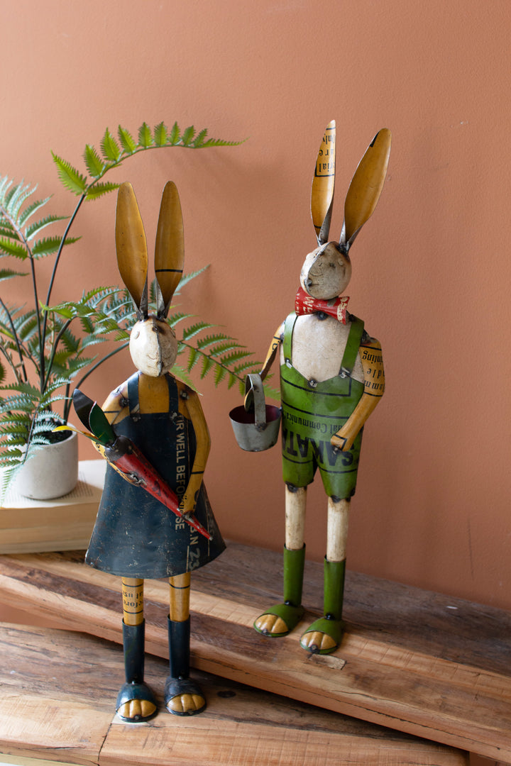 Set of 2 Recycled Metal Rabbits with Bucket and Carrot