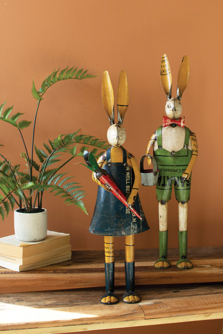 Set of 2 Recycled Metal Rabbits with Bucket and Carrot