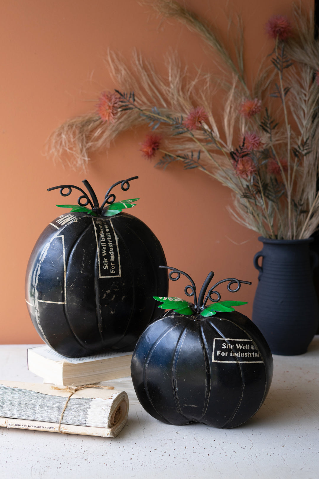 Set of 2 Black Recycled Iron Pumpkins