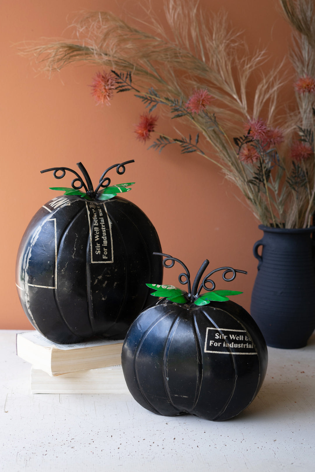 Set of 2 Black Recycled Iron Pumpkins