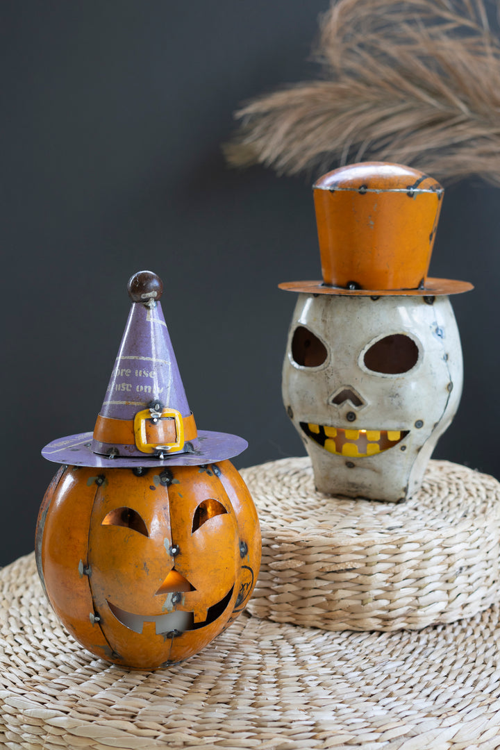 Set of 2 Recycled Iron Halloween Pumpkin and Skull Lanterns with Hats