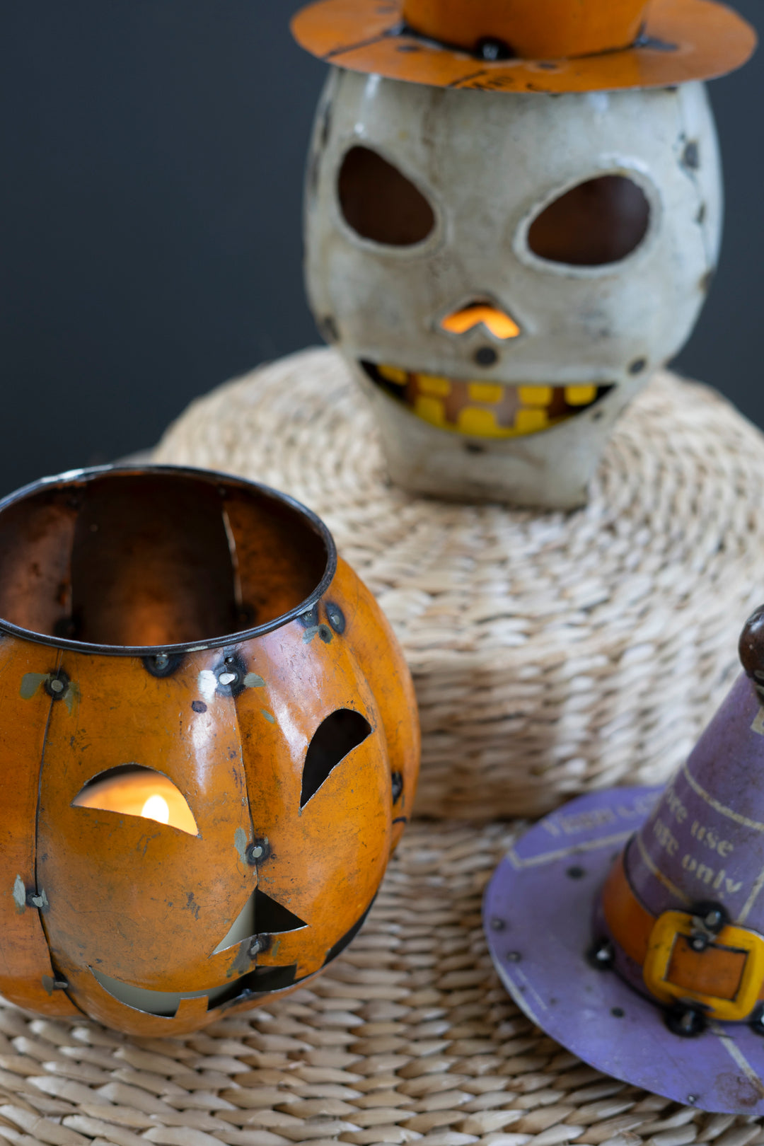 Set of 2 Recycled Iron Halloween Pumpkin and Skull Lanterns with Hats
