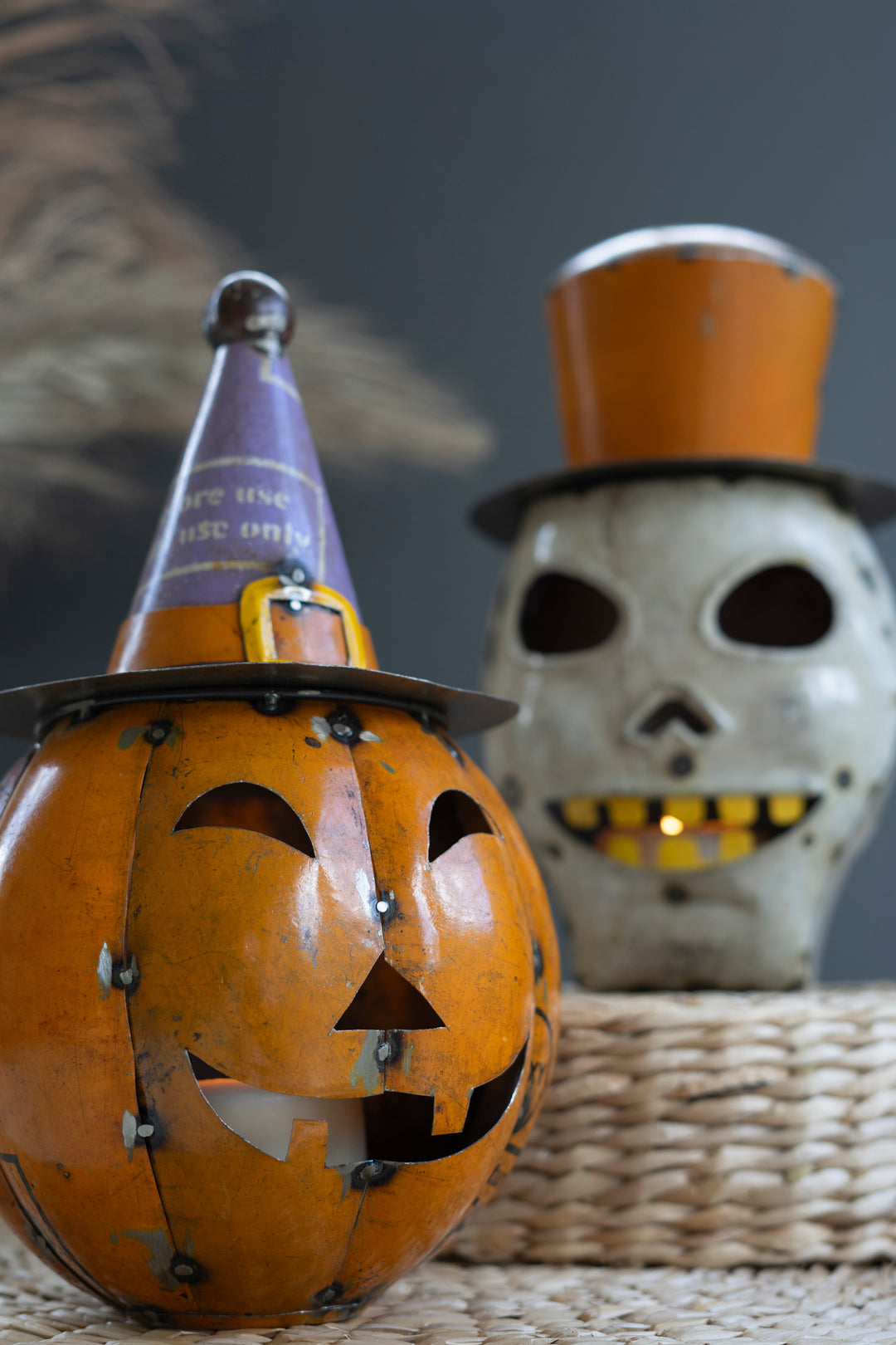Set of 2 Recycled Iron Halloween Pumpkin and Skull Lanterns with Hats