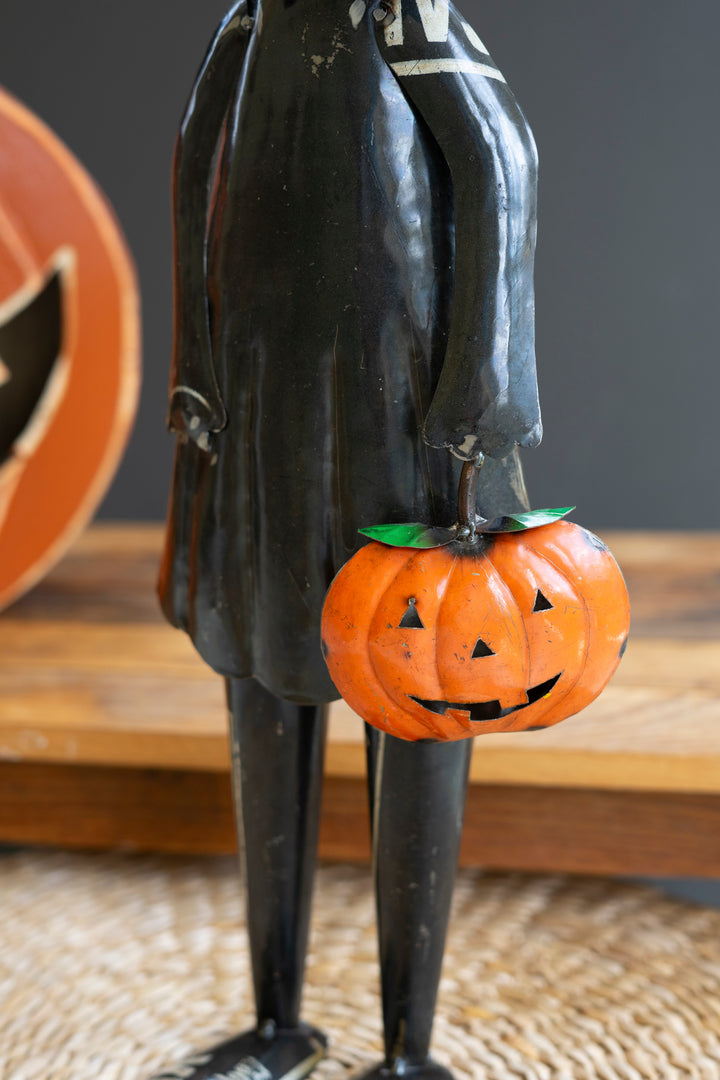 Recycled Iron Standing Black Halloween Cat Holding Pumpkin