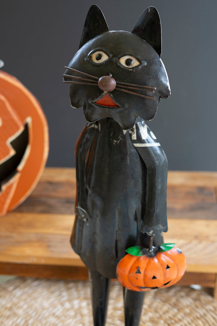 Recycled Iron Standing Black Halloween Cat Holding Pumpkin