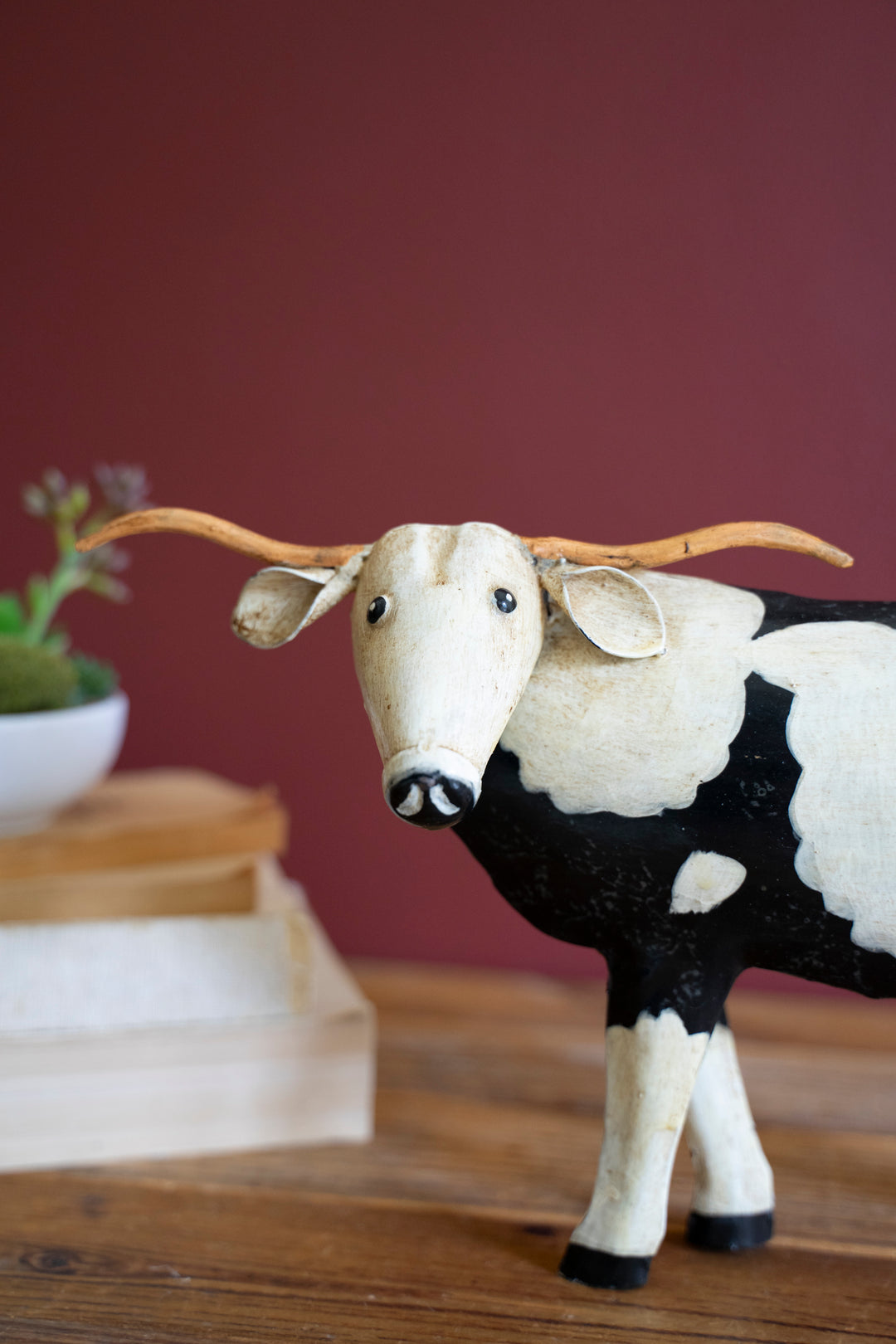 Painted Metal Black and White Steer