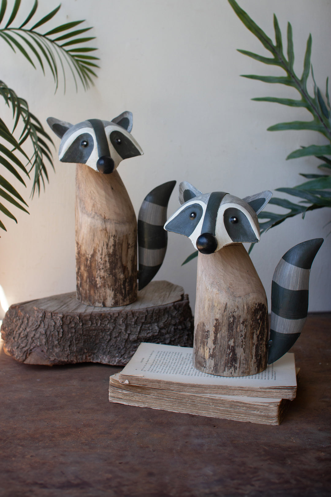 Set of 2 Recycled Wood and Iron Raccoons