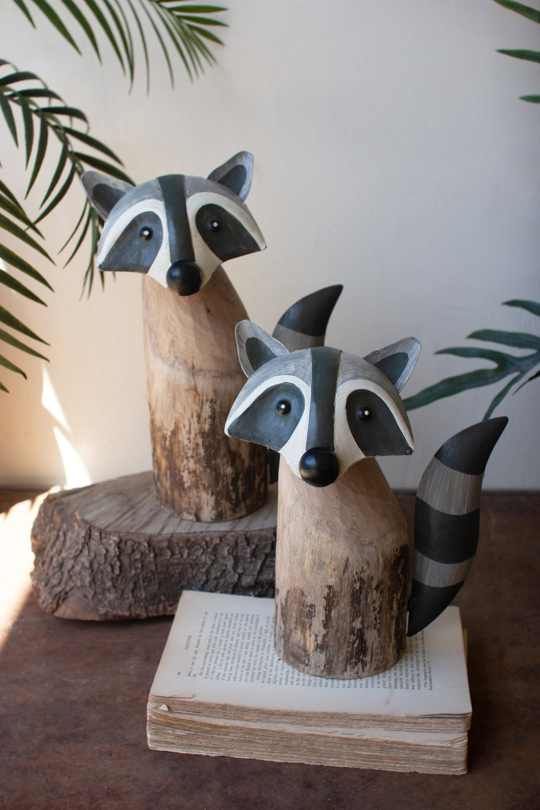 Set of 2 Recycled Wood and Iron Raccoons