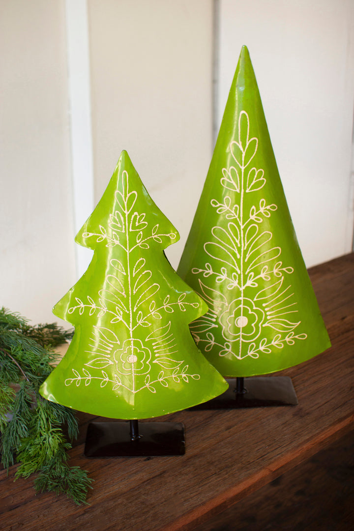 Set of 2 Painted Recycled Metal Folk Christmas Trees
