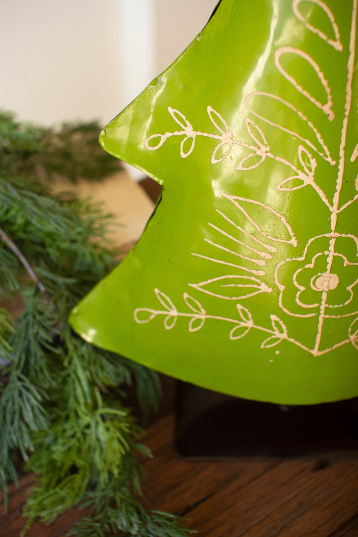 Set of 2 Painted Recycled Metal Folk Christmas Trees