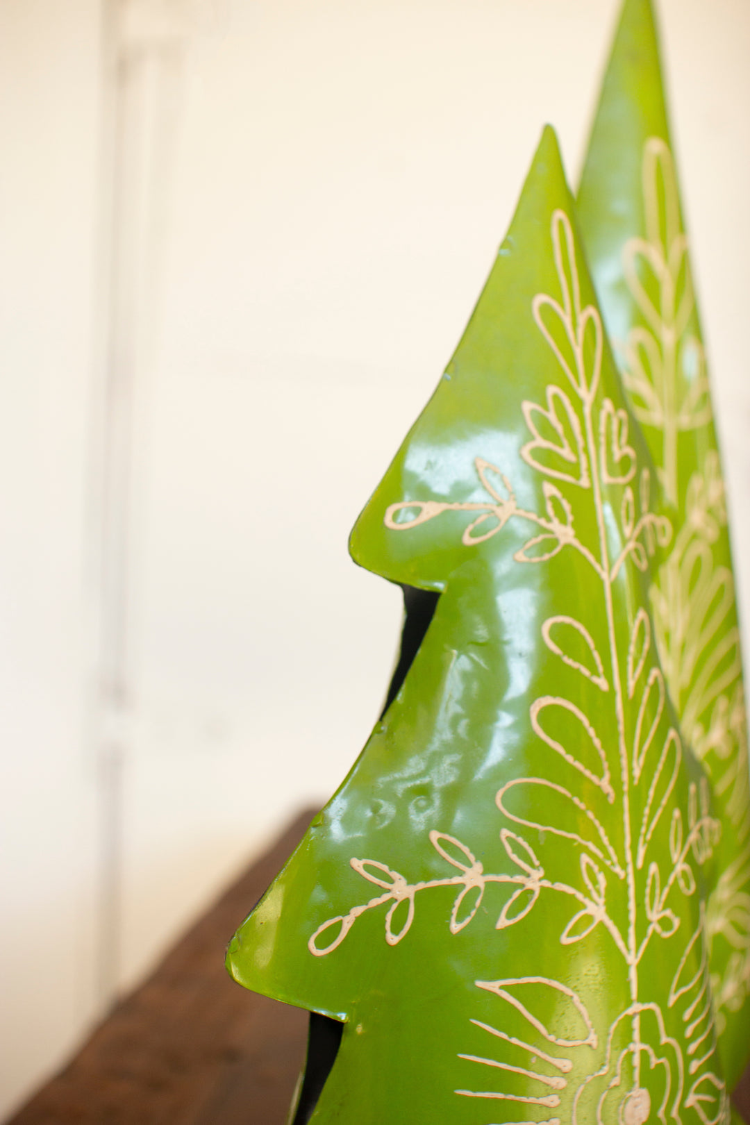 Set of 2 Painted Recycled Metal Folk Christmas Trees