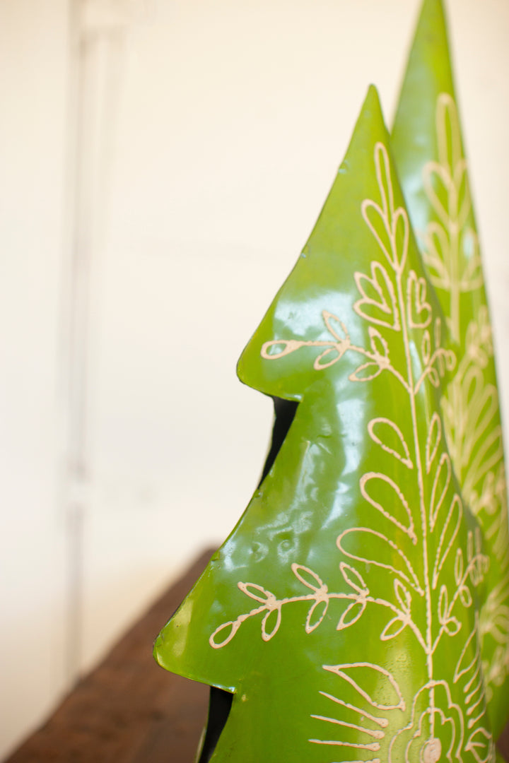 Set of 2 Painted Recycled Metal Folk Christmas Trees
