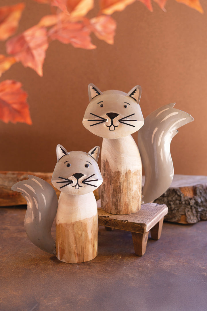 Set of 2 Recycled Wood and Iron Squirrels