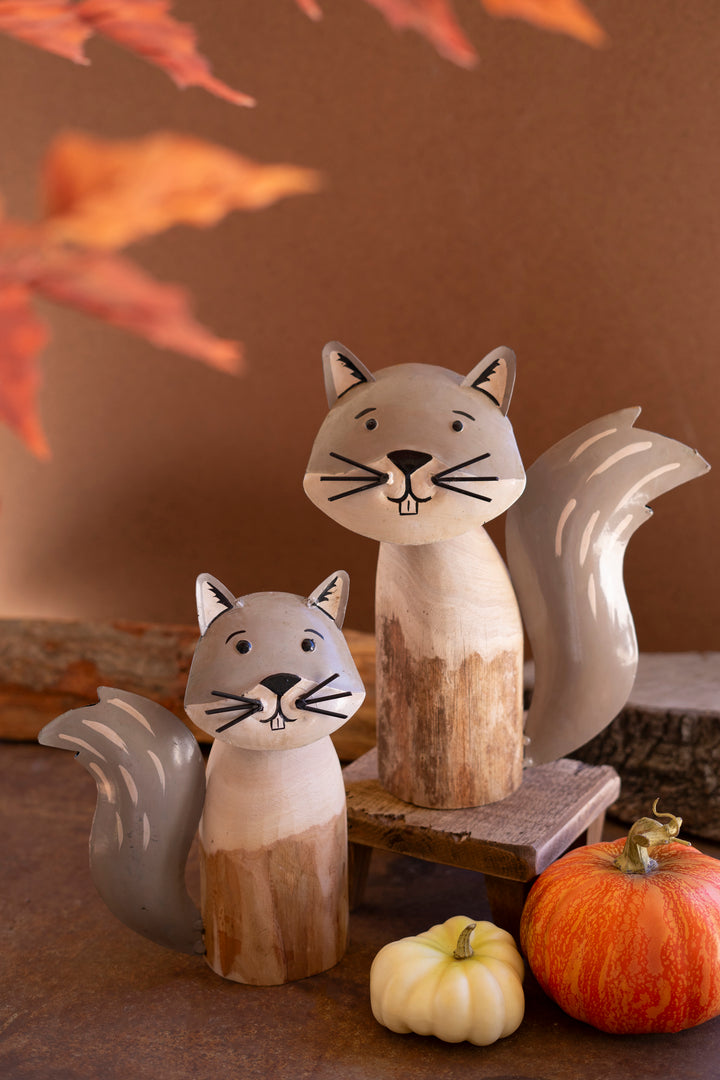 Set of 2 Recycled Wood and Iron Squirrels