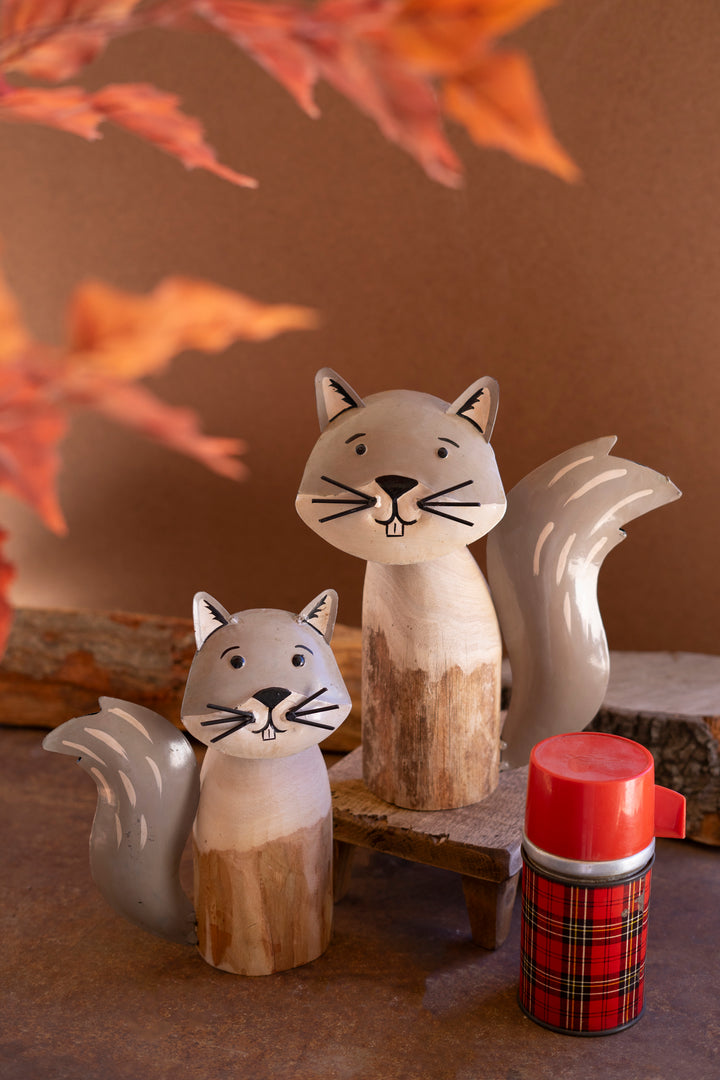 Set of 2 Recycled Wood and Iron Squirrels