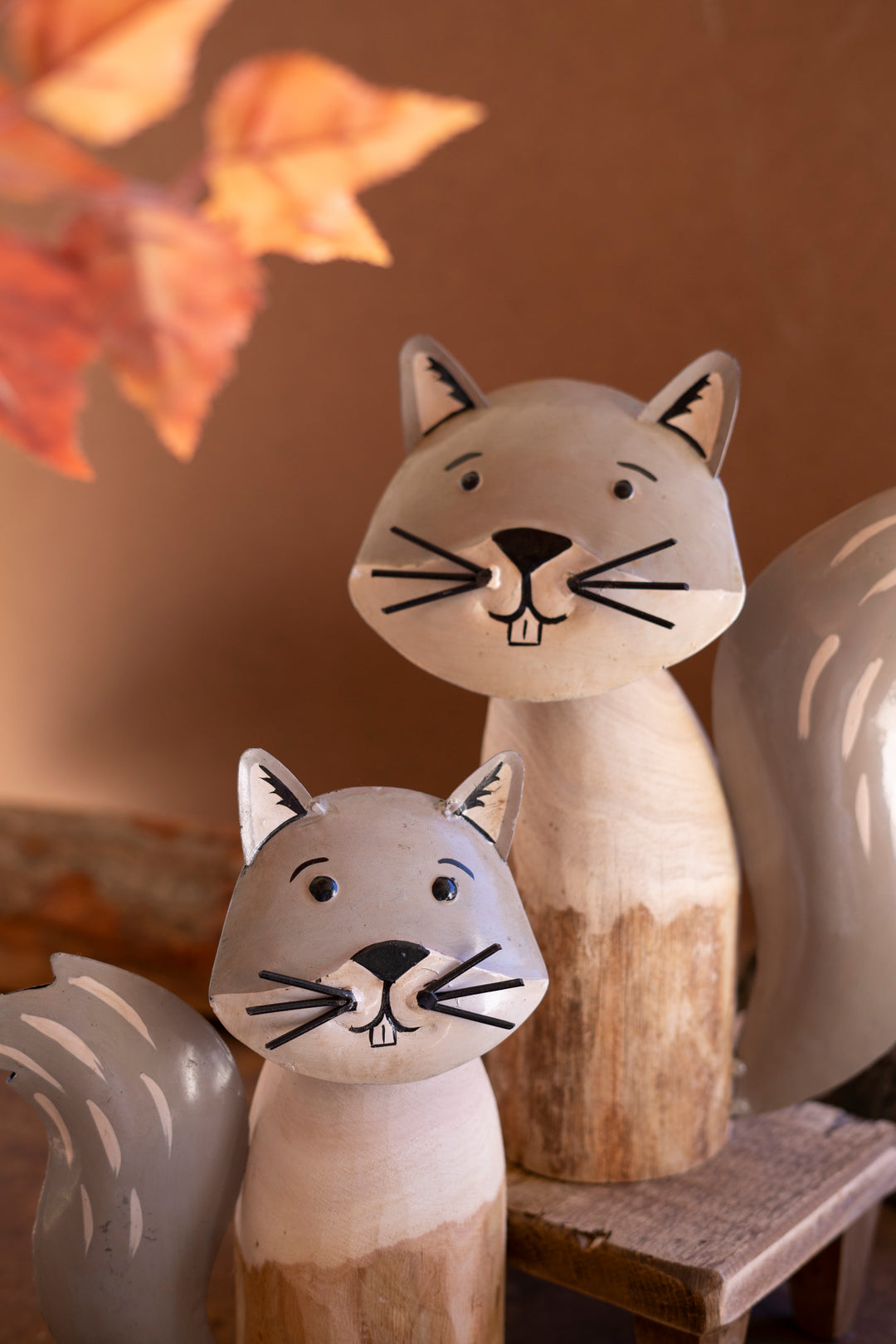Set of 2 Recycled Wood and Iron Squirrels