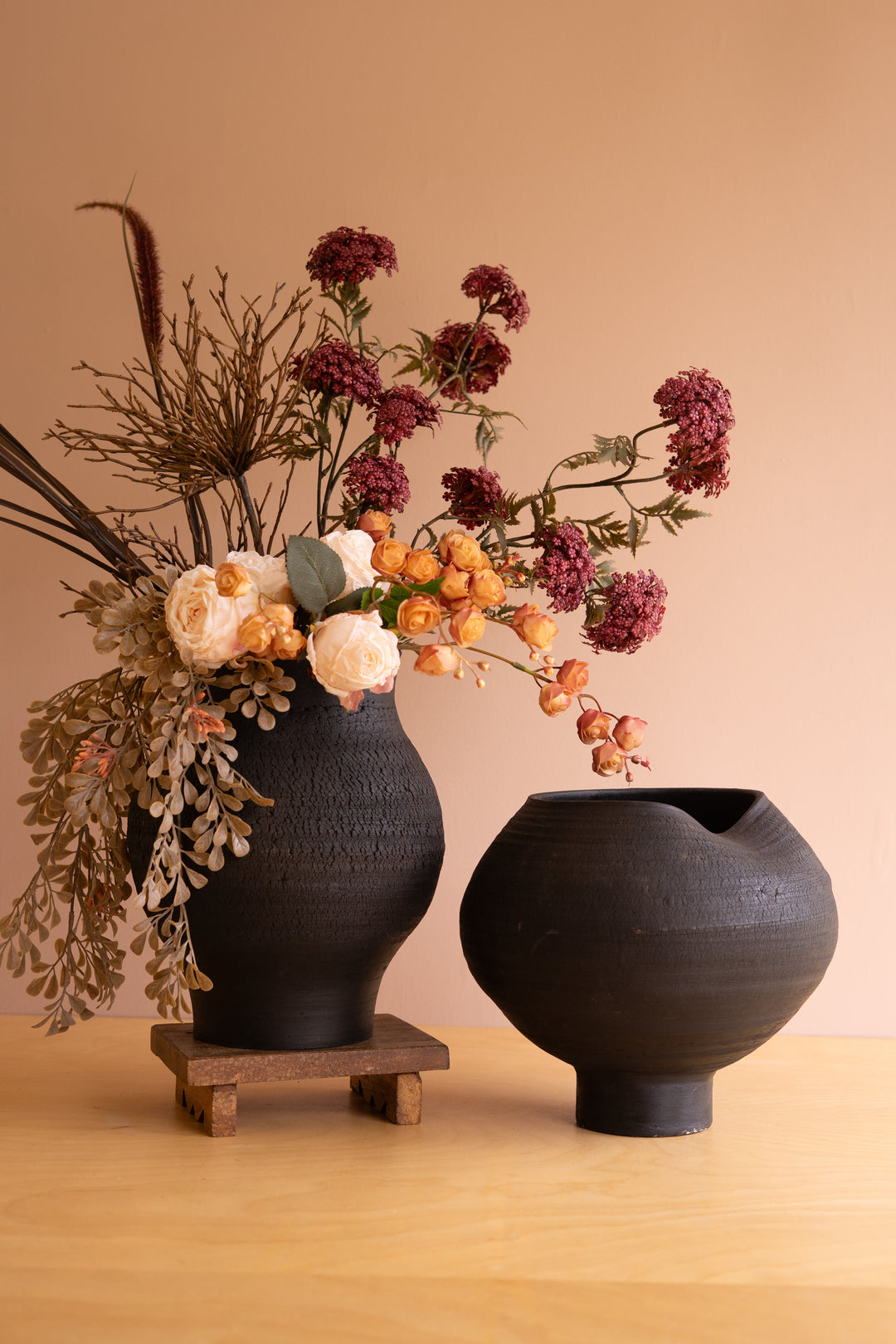 Set of 2 Black Clay Vases with Crackle Detail
