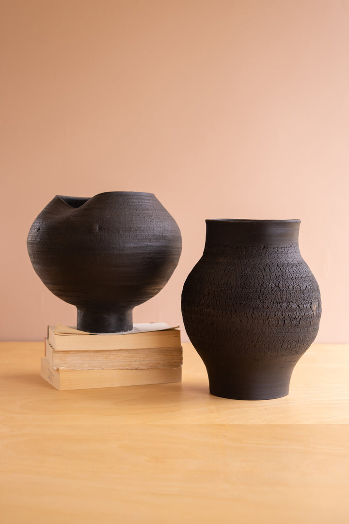 Set of 2 Black Clay Vases with Crackle Detail