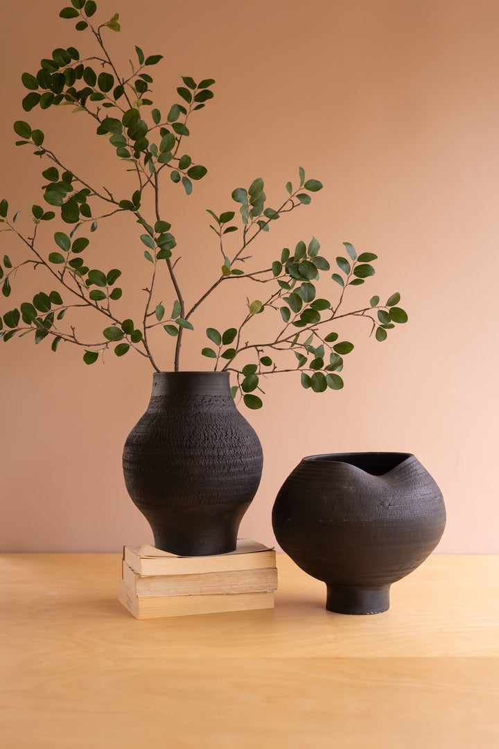 Set of 2 Black Clay Vases with Crackle Detail