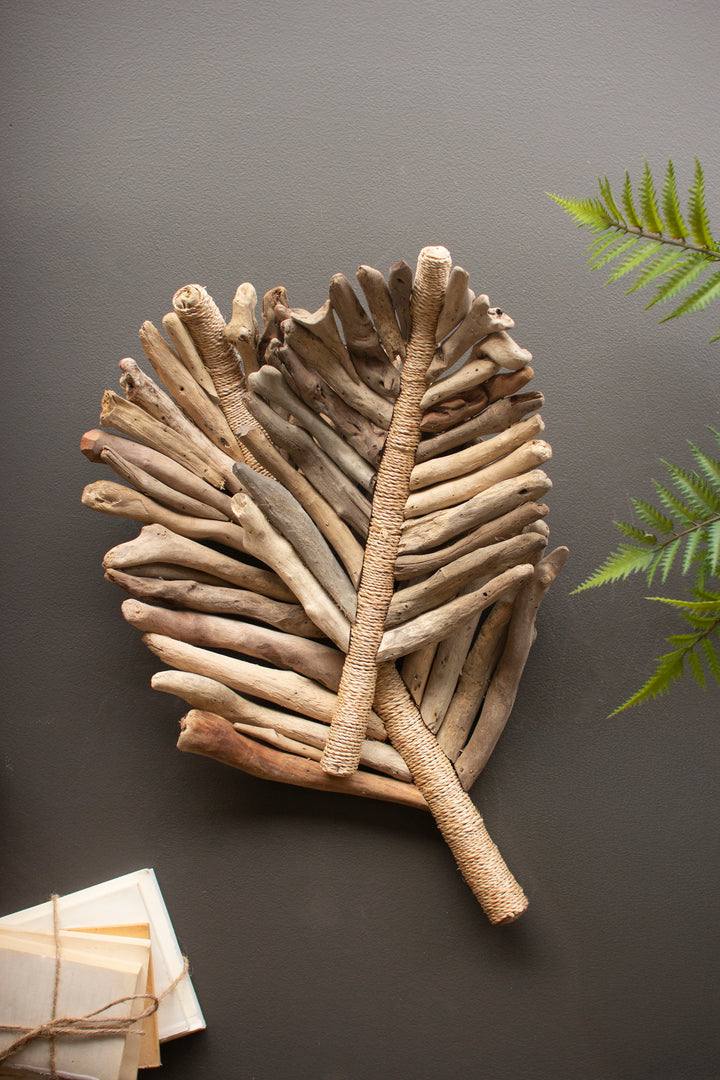 Set of 2 Driftwood Leaf Trays with Abaca Detail