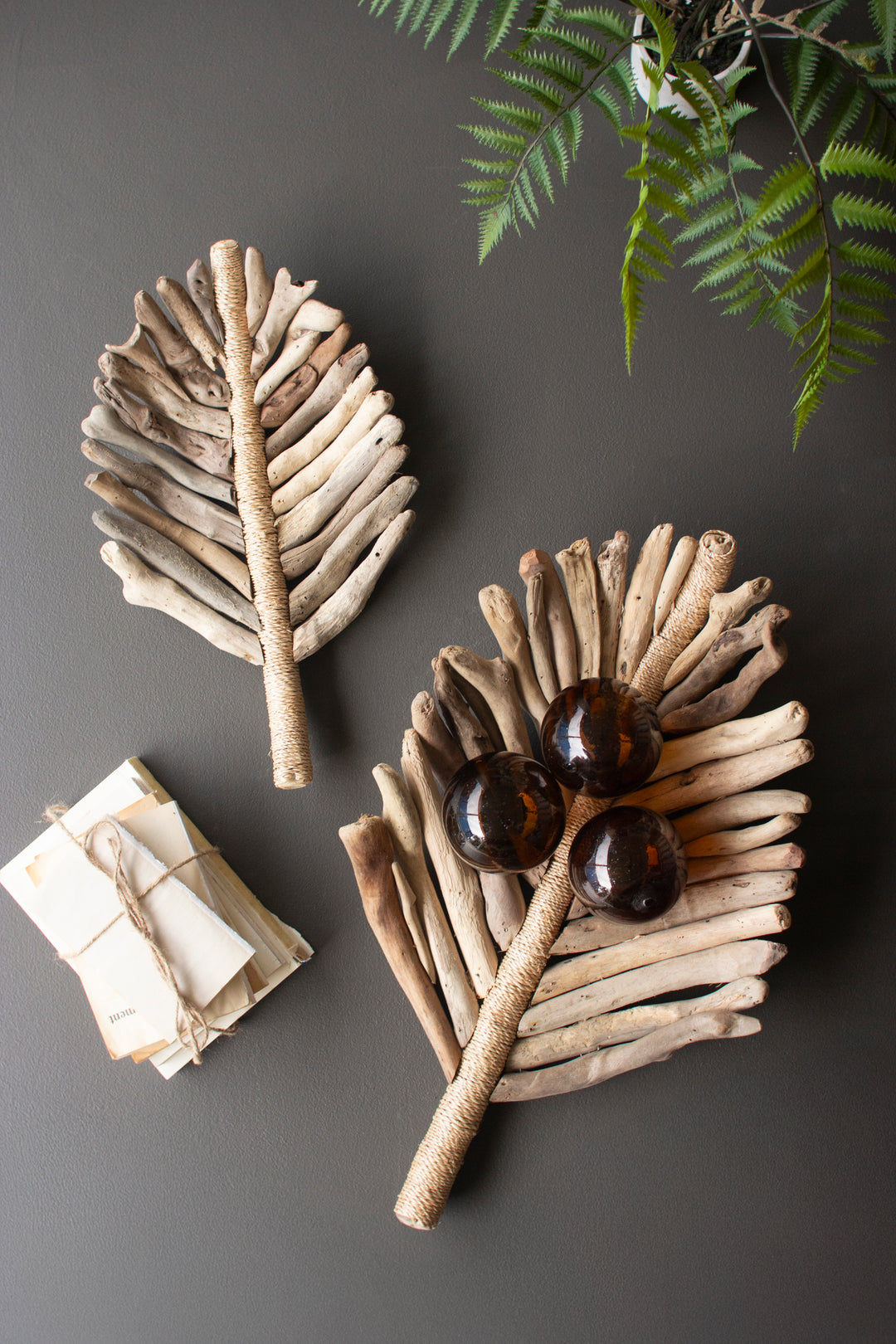 Set of 2 Driftwood Leaf Trays with Abaca Detail