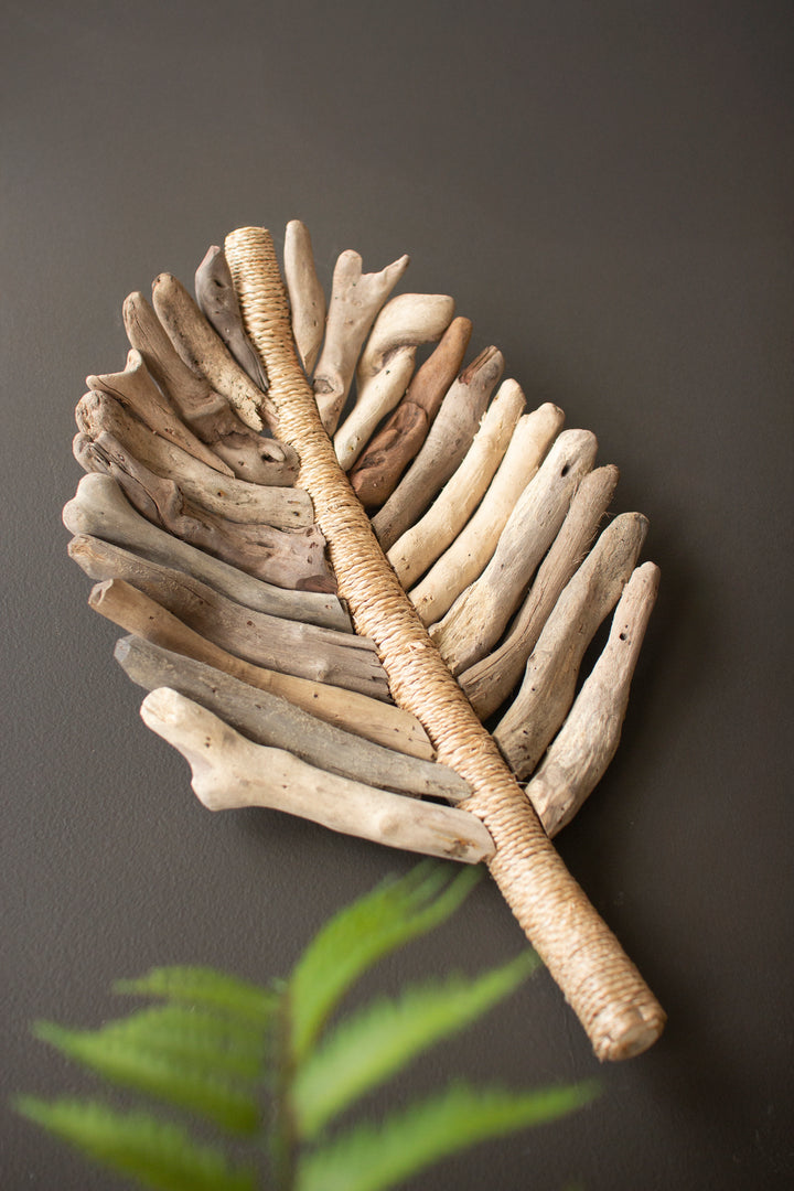 Set of 2 Driftwood Leaf Trays with Abaca Detail