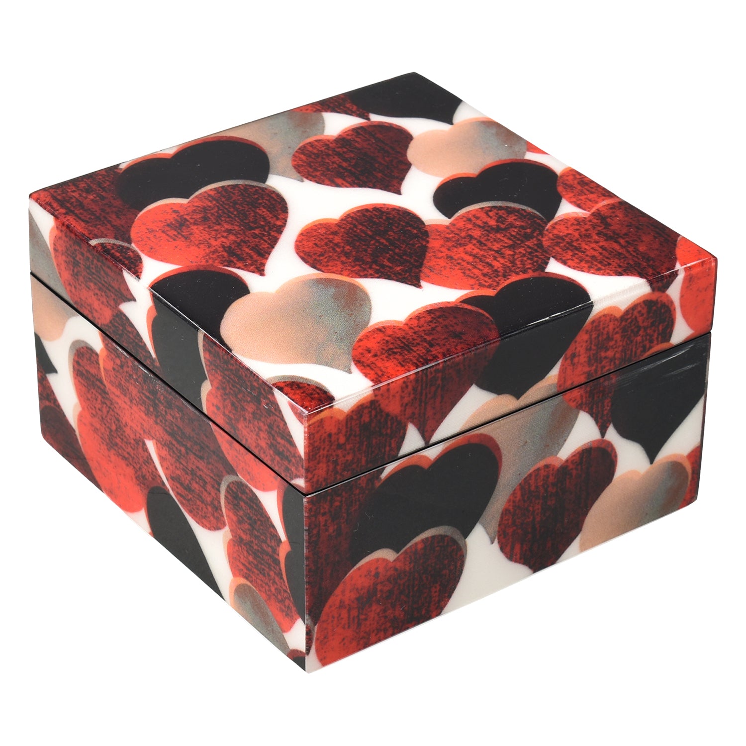 Lacquer Hinged 5" Small Square Box (Hearts Design)