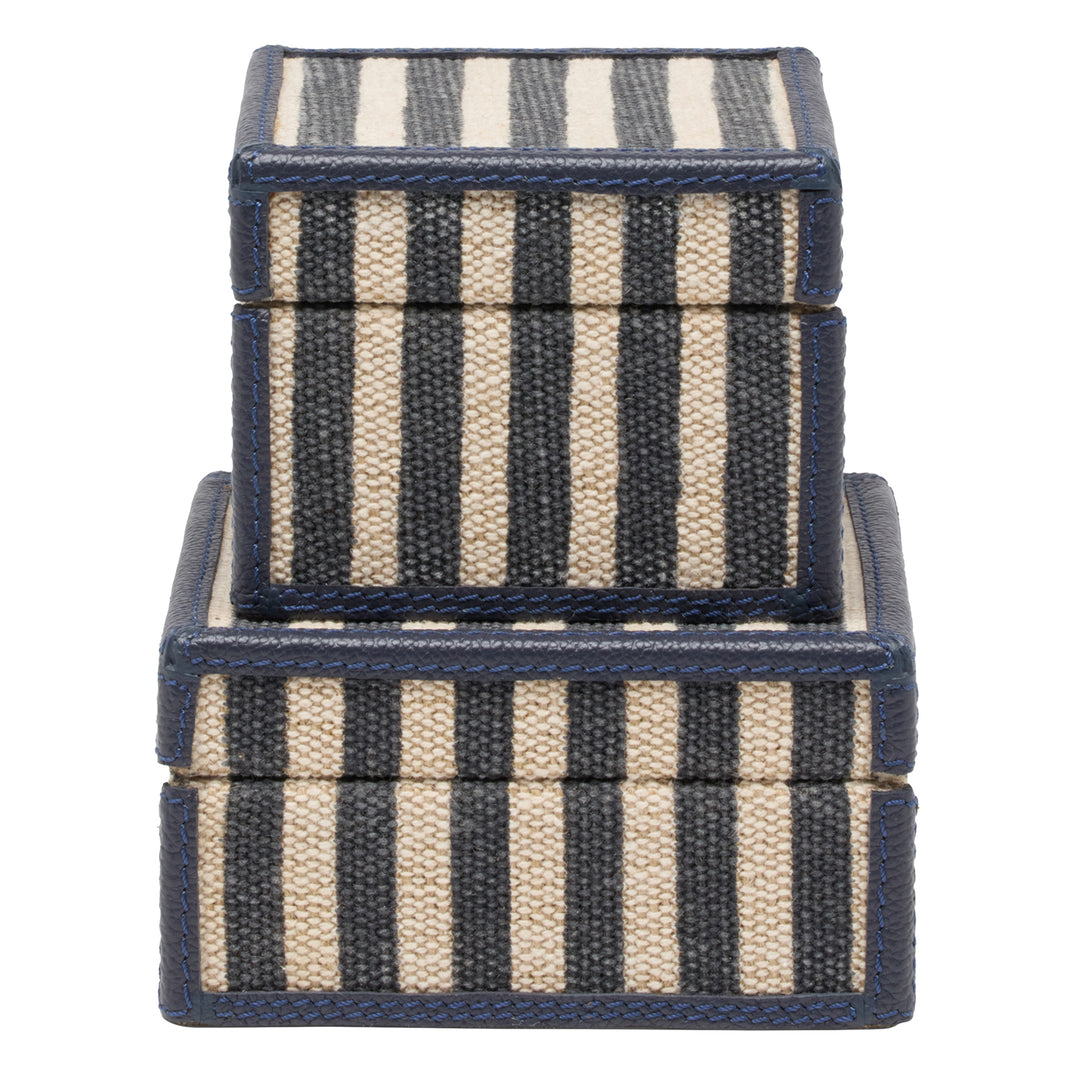 Franklin Navy Striped/Navy Cotton Jute/Leather Square Boxes Set of 2