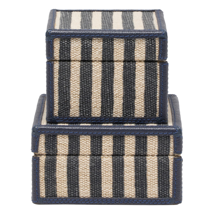 Franklin Navy Striped/Navy Cotton Jute/Leather Square Boxes Set of 2