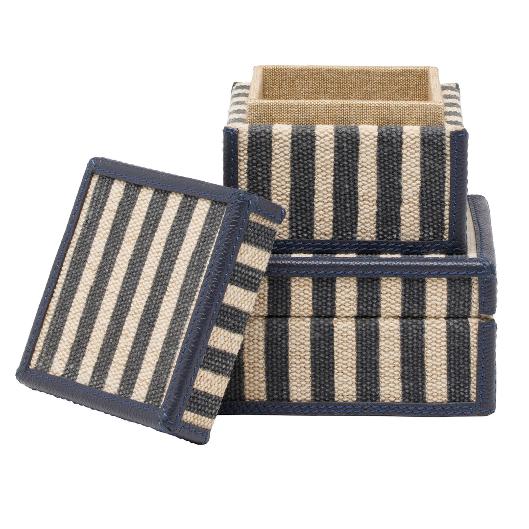 Franklin Navy Striped/Navy Cotton Jute/Leather Square Boxes Set of 2