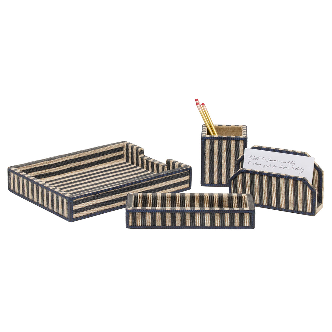 Franklin Navy Striped/Navy Cotton Jute/Leather Desk Accessory Set