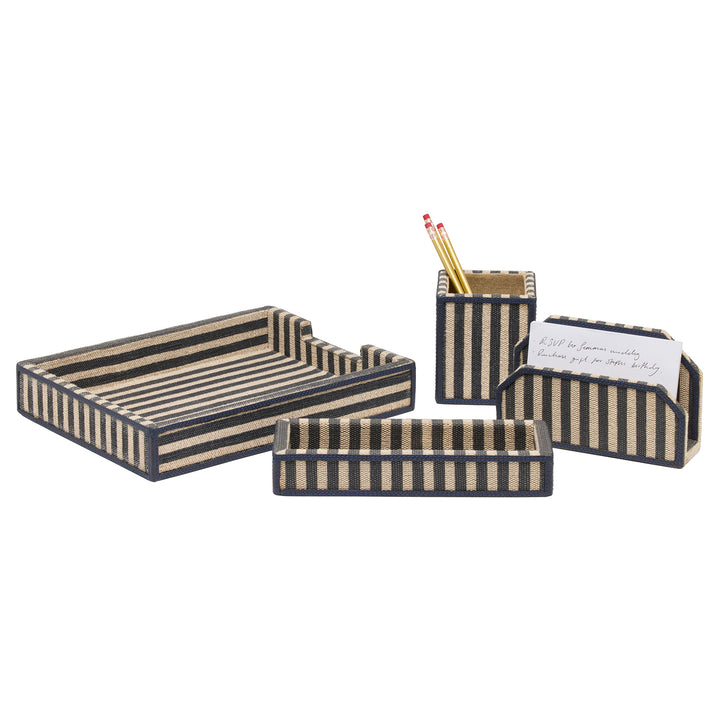Franklin Navy Striped/Navy Cotton Jute/Leather Desk Accessory Set