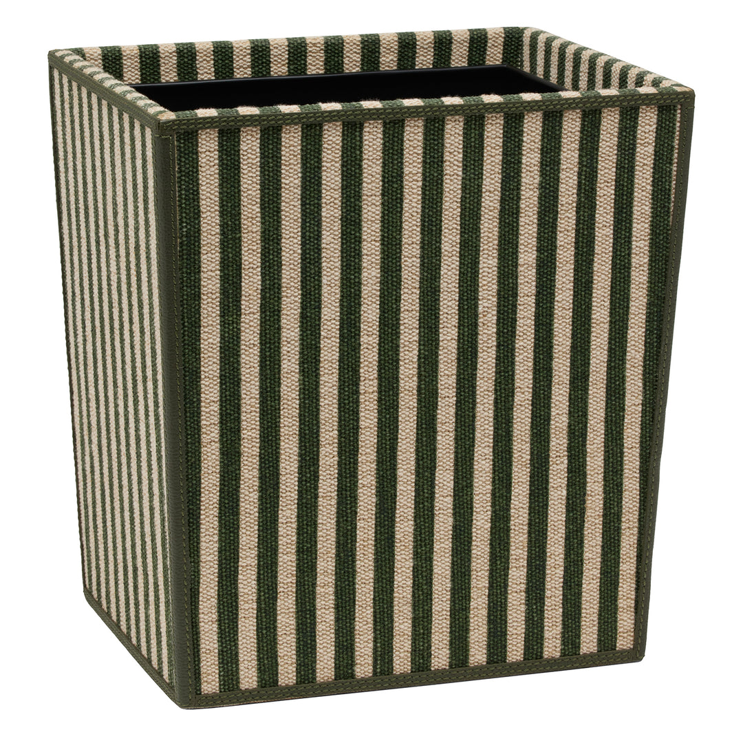 Franklin Emerald Striped/Forest Cotton Jute/Leather Rectangular Wastebasket