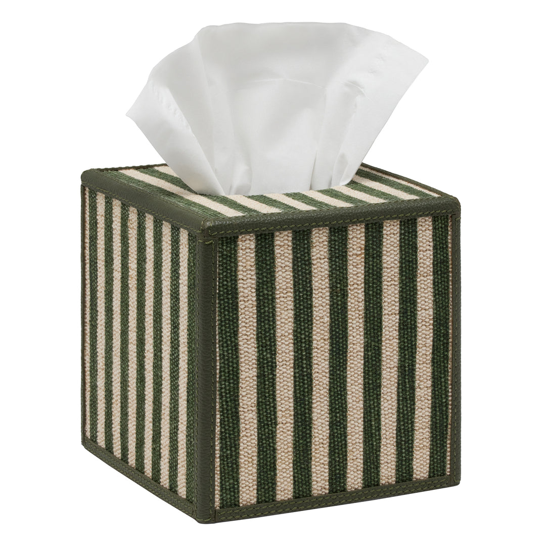 Franklin Emerald Striped/Forest Cotton Jute/Leather Tissue Box Cover
