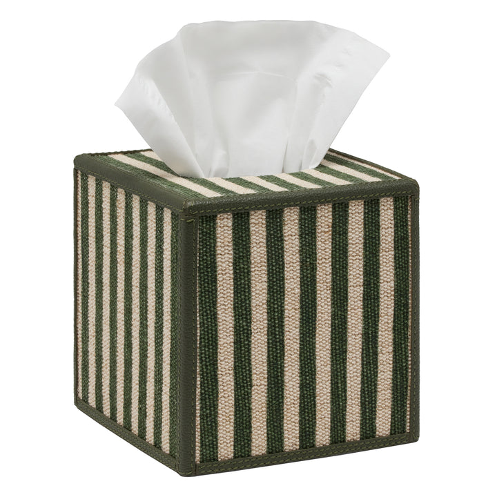 Franklin Emerald Striped/Forest Cotton Jute/Leather Tissue Box Cover