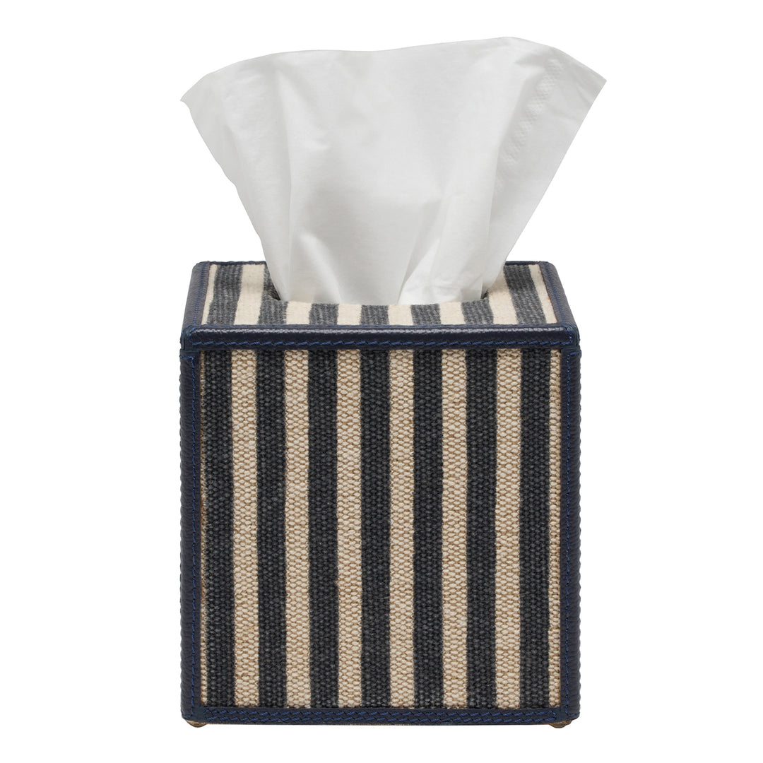 Franklin Navy Striped/Navy Cotton Jute/Leather Tissue Box Cover